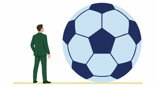 Businessman facing a giant soccer ball, conceptual image of a challenge