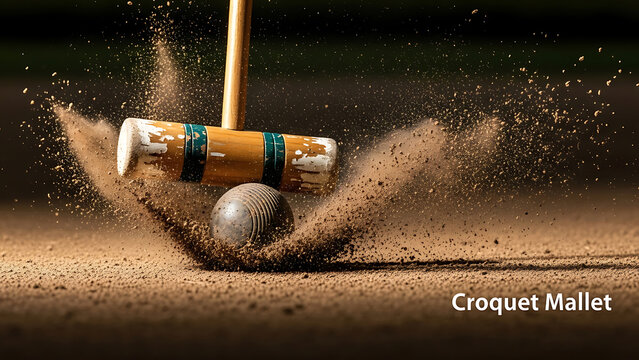 Croquet mallet hitting ball on sandy court with dirt flying around outdoor game equipment and accessories for recreational sports activities