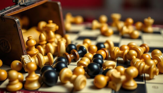 Close-up of overturned chessboard, scattered pieces,  black,  lost