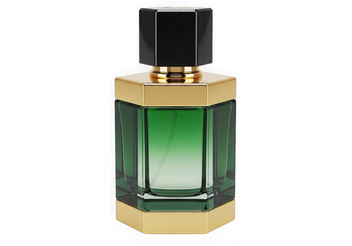Elegant rectangular perfume bottle with gold and green design isolated on transparent background