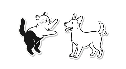 Naklejka premium Black cat and white dog cartoon.