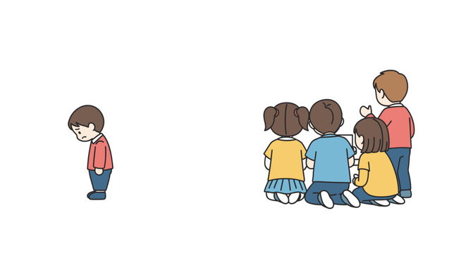 Sad lonely child excluded from group of playing children, illustrating bullying, exclusion, and social isolation