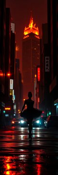 Fiery cityscape melts as a lone silhouette finds catharsis in pyre-lit urban ballet ,  transformation,  artistic