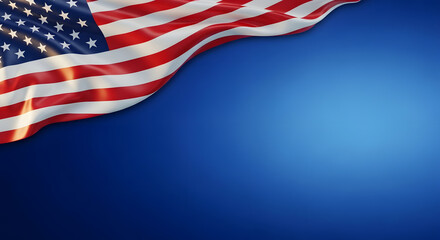 Fototapeta premium Waving united states flag border over smooth gradient blue background with copy space.