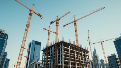 Fototapeta premium Tower Cranes Operating on Modern City Skyscraper Construction Site for Real Estate Development