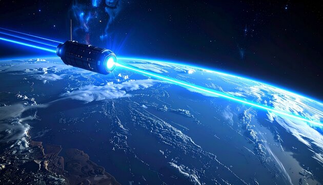 Satellite in Orbit Around Earth with Bright Lights.