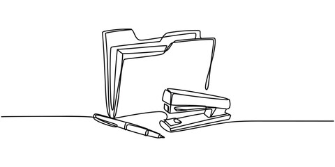 Black and white line of stapler pen and file folder on desk line stapler  in white background © Creative Tania