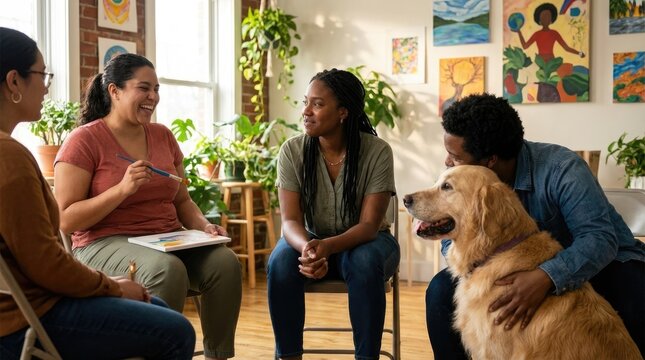 Adult group participating in therapy session, diverse person smiling during creative art activity, comfort pet present, wellness program promoting mental health and emotional well-being.