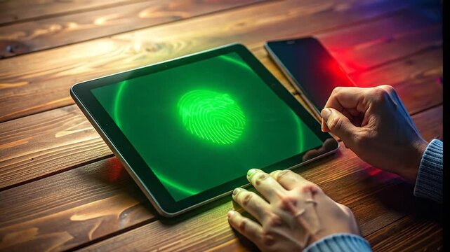 Digital security concept showing fingerprint scan on tablet with smartphone nearby on wooden table.