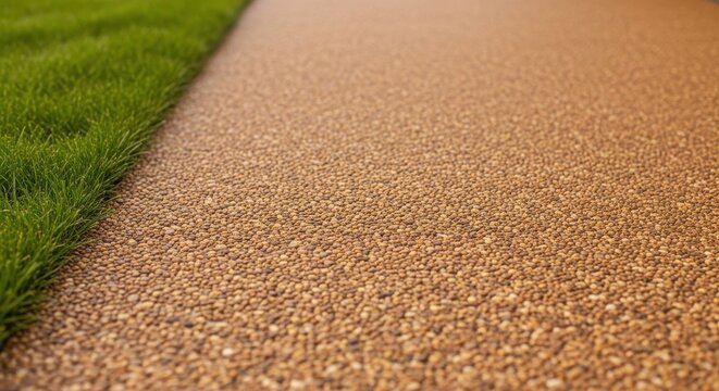 Ochre colored resin bound aggregate pathway with visible gravel texture and green grass edge