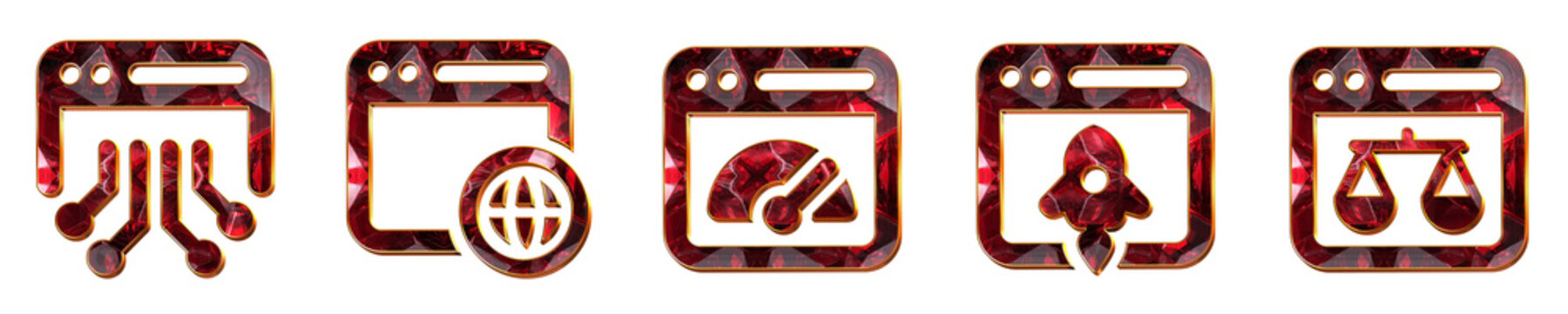 Modern 3D chrome icon collection - intelligent website, internet browser, internet speed test, launch browser, and law portal. Web websites and internet interfaces. Premium.