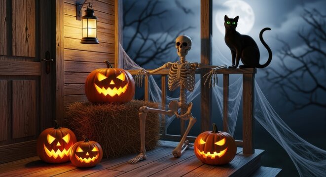 Spooky halloween porch decor with jack-o'-lanterns, skeleton and black cat under moonlight