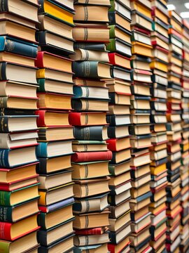 Stacked books creating a structured, repeating vertical arrangement in a library setting,  academic,  learning