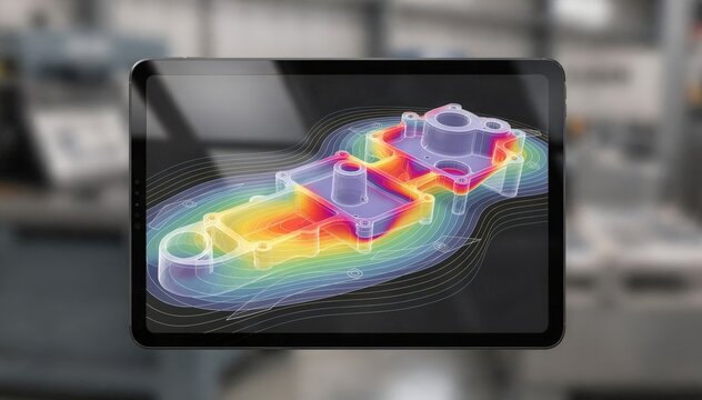 Medium shot featuring a tablet screen displaying casting defect predictions via digital twin software the environment behind out of focus to stress precision monitoring.