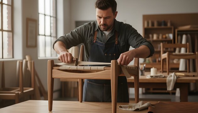 Focused male upholsterer meticulously repairing a vintage wooden chair frame in a bright workshop for a traditional craftsmanship and furniture restoration concept