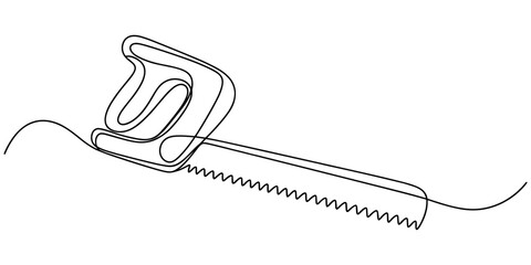 Fototapeta premium Continuous line of a hacksaw on white background one line black and white carpentry tool wood saw