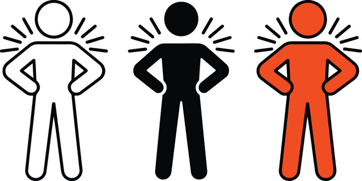 Confident male body silhouette and human figure vector icons set in outline and flat styles for success leadership and motivation concepts.