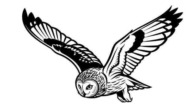 Barn Owl Flying with Wings Spread Wide in Black and White