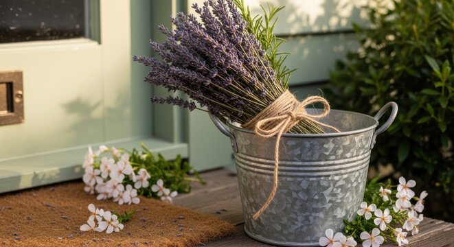 A rustic metal bucket holds a hand-tied bundle of dried lavender and fragrant rosemary sprigs