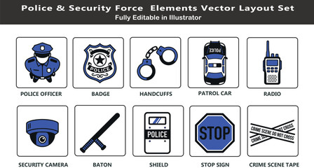 Police occupation vector icons set, top view law enforcement symbols, officer, badge, patrol car, handcuffs, radio, security tools flat design © ArtFlex