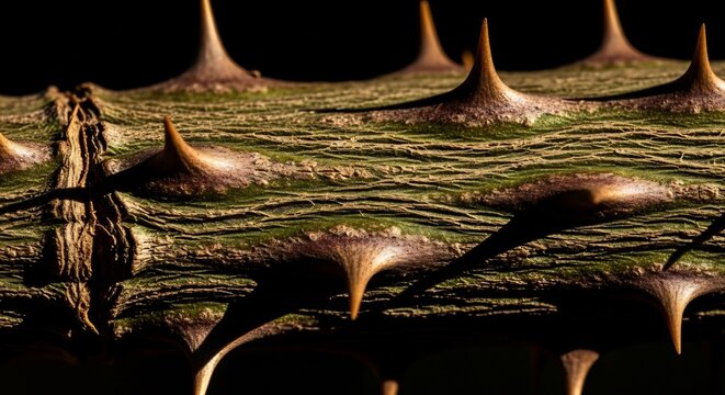 Macro View of Thorny Stem with Textured Bark and Sharp Spikes.