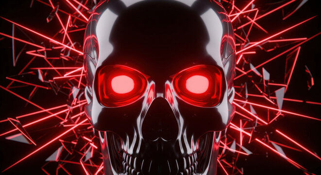 Metallic Skull with Red Eyes and Neon Glowing Lines Breaking Glass on Dark Background Digital Art Halloween Scary Sci-Fi