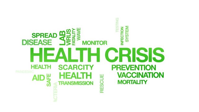 Health crisis concept Animated Tag Word Cloud kinetic typography, Text Design Animation typography seamless loop video motion graphics Intro Wordart arrangement green type on white background