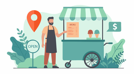 Street vendor selling ice cream from a food cart with menu and open sign © RAIXEL