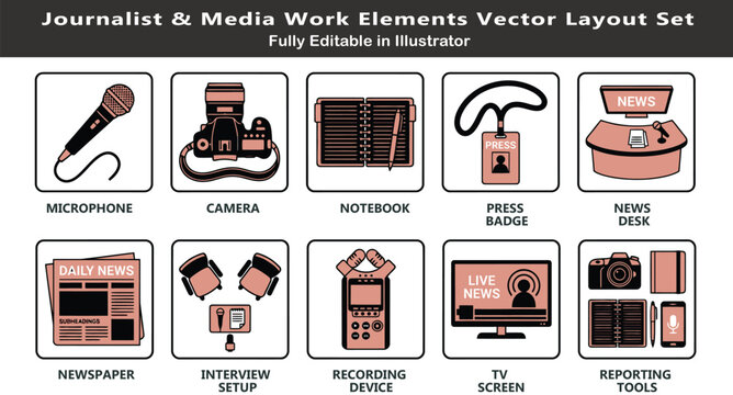 Journalism occupation vector icons set, top view media symbols, microphone, camera, notebook, press badge, newsroom, reporting tools flat design