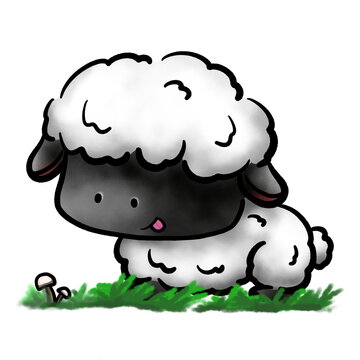 Cute Valais blacknose sheep looking to mushroom cartoon illustration