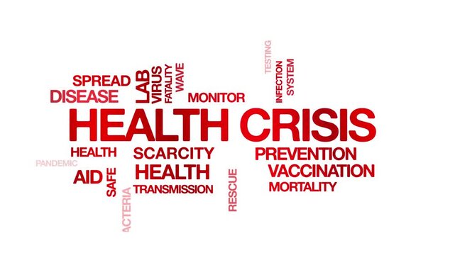 Health crisis concept Animated Tag Word Cloud kinetic typography, Text Design Animation typography seamless loop video motion graphics Intro Wordart arrangement red type on white background bg backdro