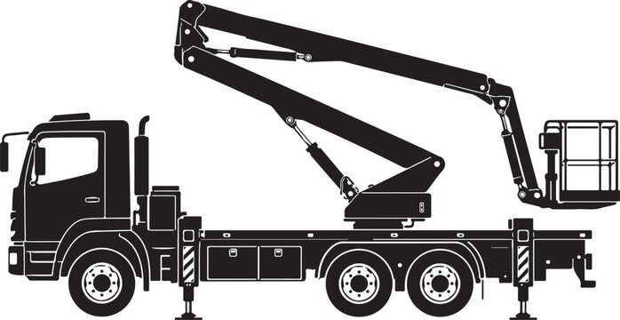 Truck Mounted Cherry Picker Silhouette, Articulated Boom Lift Vector Icon, Flatbed Truck with Hydraulic Arm and Basket, Industrial Equipment Black Profile Illustration.