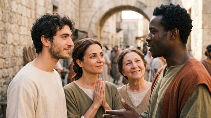Obraz premium Apostle preaching to early Christians in ancient Antioch. Group of man and woman listening to biblical teacher during Acts of the Apostles. Biblical scene of evangelism and faith.