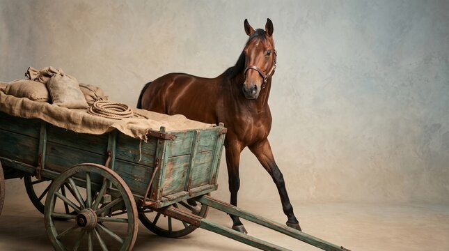 Brown horse standing next to old wooden cart with burlap sack. Rustic farm animal transport concept. Historical agriculture equipment and pack horse for vintage country life portrayal.