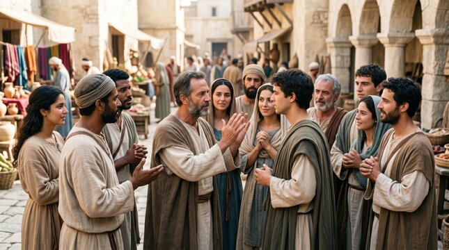 Apostles preaching to people in Antioch market street. Biblical scene of early Christians sharing faith with Gentiles. Religious historical gathering in ancient city, spiritual teaching.