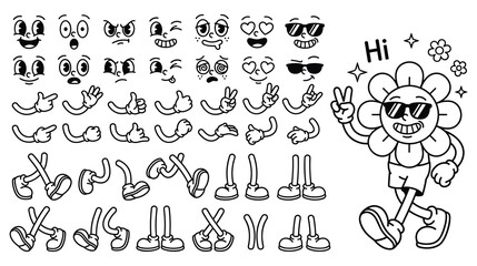 Retro cartoon character builder kit with flower mascot and gestures. © NAZMA