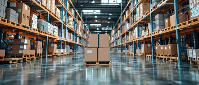 Large modern warehouse interior with shelves full of cardboard boxes. Logistics storage, distribution center, inventory management and industrial supply chain environment.