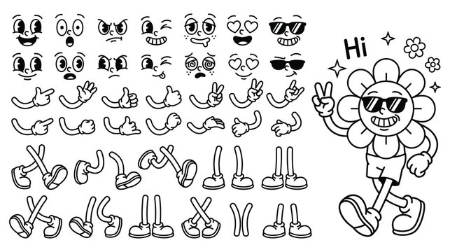 Retro cartoon character builder kit with flower mascot and gestures.