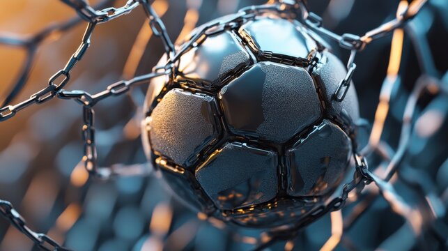 Captivating metallic soccer ball entangled in a sturdy metal chain net