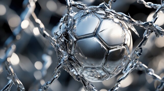 Silver soccer ball shattering glass net, capturing the dynamic power of sport