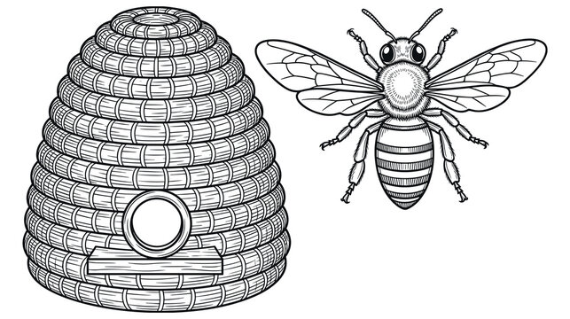 Vintage style beehive and honey bee illustration in black and white.