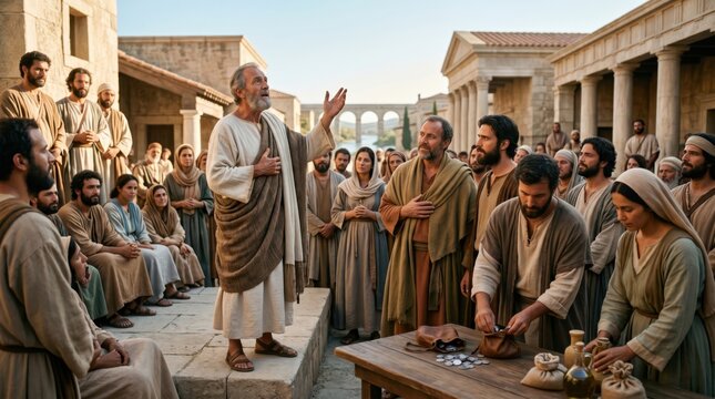 Apostle preaching to early Christians in Antioch. Biblical scene featuring Peter and Barnabas teaching the gospel to Greeks and Gentiles. Historical Jerusalem city gathering concept.