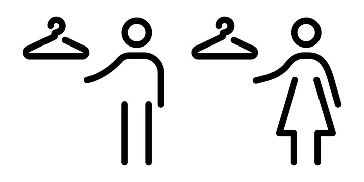 Mens and womens changing room icons in hanger shape with gender symbols. Minimal line vector signage isolated for locker rooms, public facilities and navigation.