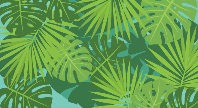 A vibrant arrangement of tropical green leaves on a light blue background
