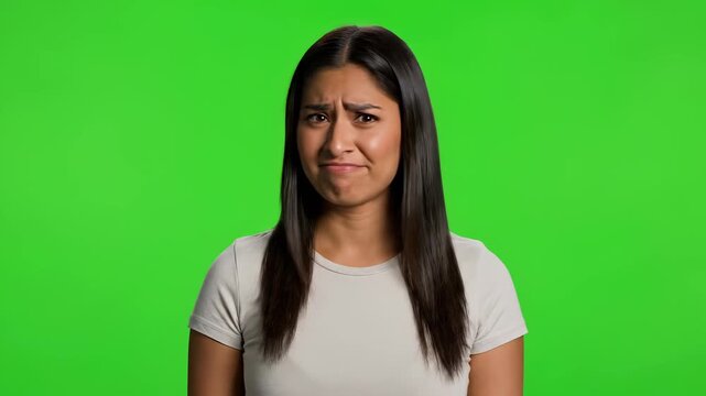 Expression of Unease: A portrait of a woman, her face etched with a look of unease against a bright green backdrop, capturing a moment of doubt or dissatisfaction.