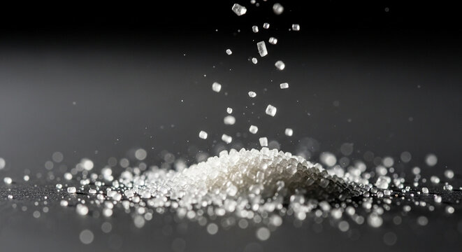 a grain of granulated sugar falling slowly into a glossy black table