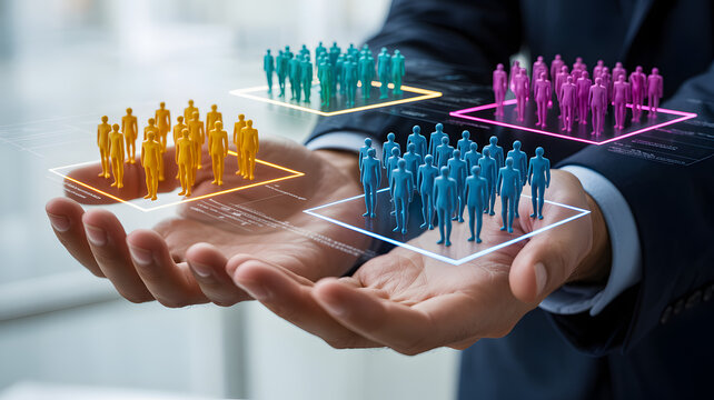 Hands holding diverse demographic groups in colorful illuminated squares representing business segmentation