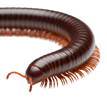 Adult giant african millipede with dark mahogany brown glossy exoskeleton and rhythmic orange-red legs crawling on a transparent surface, scientific aesthetic