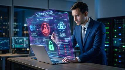 Fototapeta premium IT Professional Using Futuristic Interface for Enterprise Data Protection