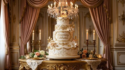 Obraz premium Elegant 15th anniversary cake with gold ornate decorations in a luxurious ballroom setting